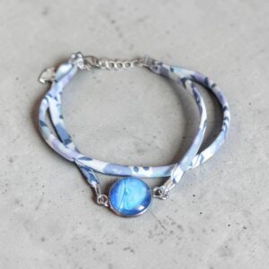 Bracelet argenté artistique Vague Bleue – Bijou unique - Collaboration tissus Mylcouz'êtes