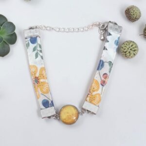 Bracelet argenté artistique Soleil – Bijou unique - Collaboration tissus Mylcouz'êtes