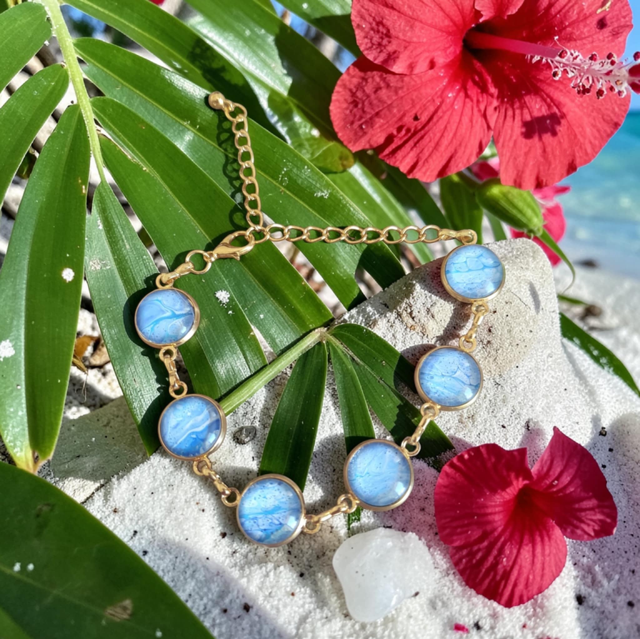 Bracelet doré 6 ronds artistique Vague Bleue – Bijou unique