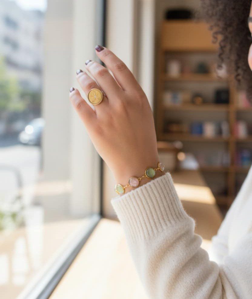 Bracelet doré 6 ronds artistique Duo Automne et Oeil de Serpent – Bijou unique – Image 3