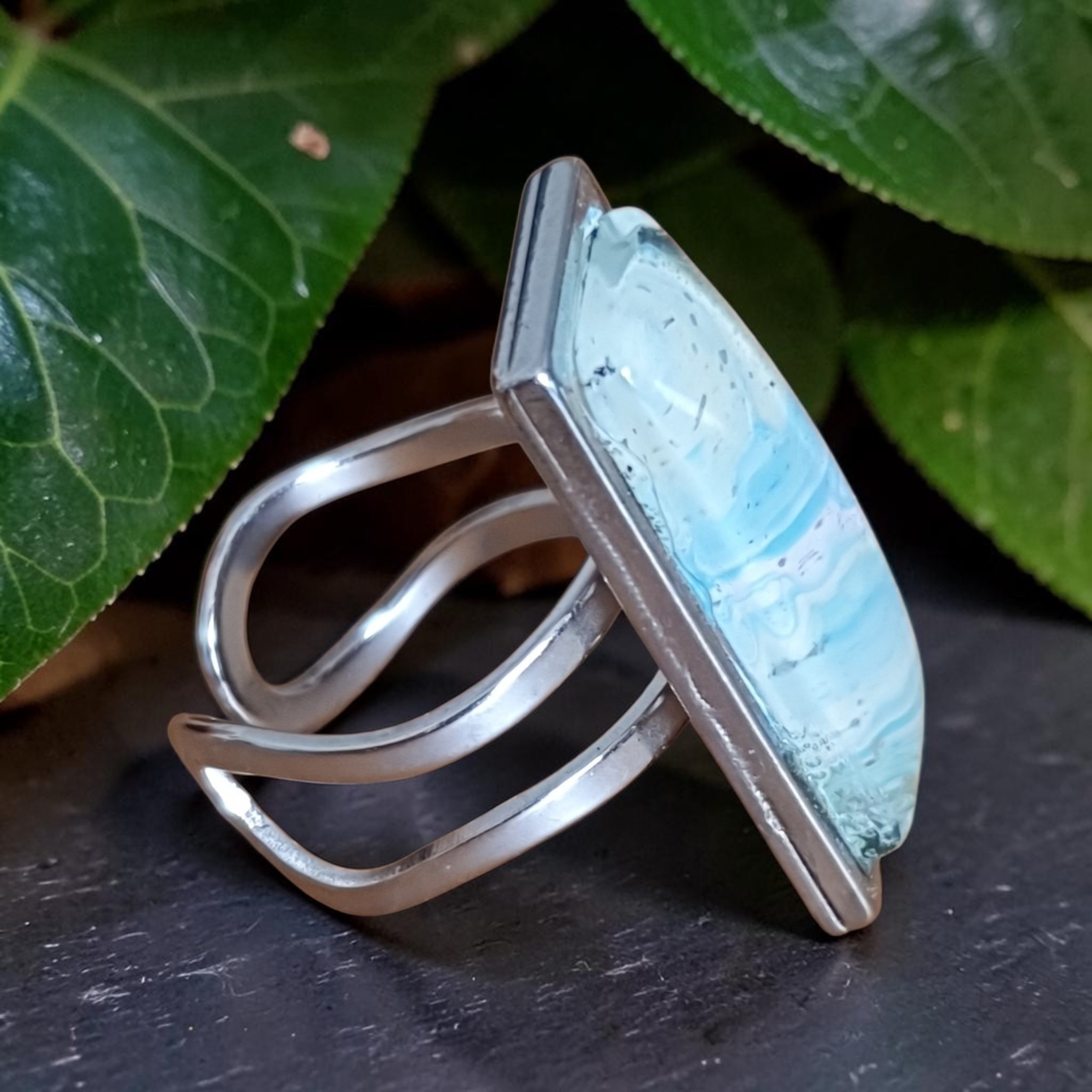 Bague argentée rectangulaire artistique Petit nuage – Bijou unique – Image 3