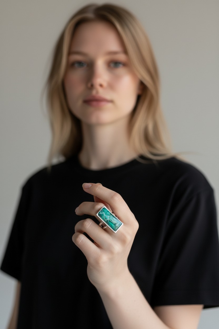 Bague argentée rectangulaire artistique Tourmaline verte – Bijou unique – Image 2