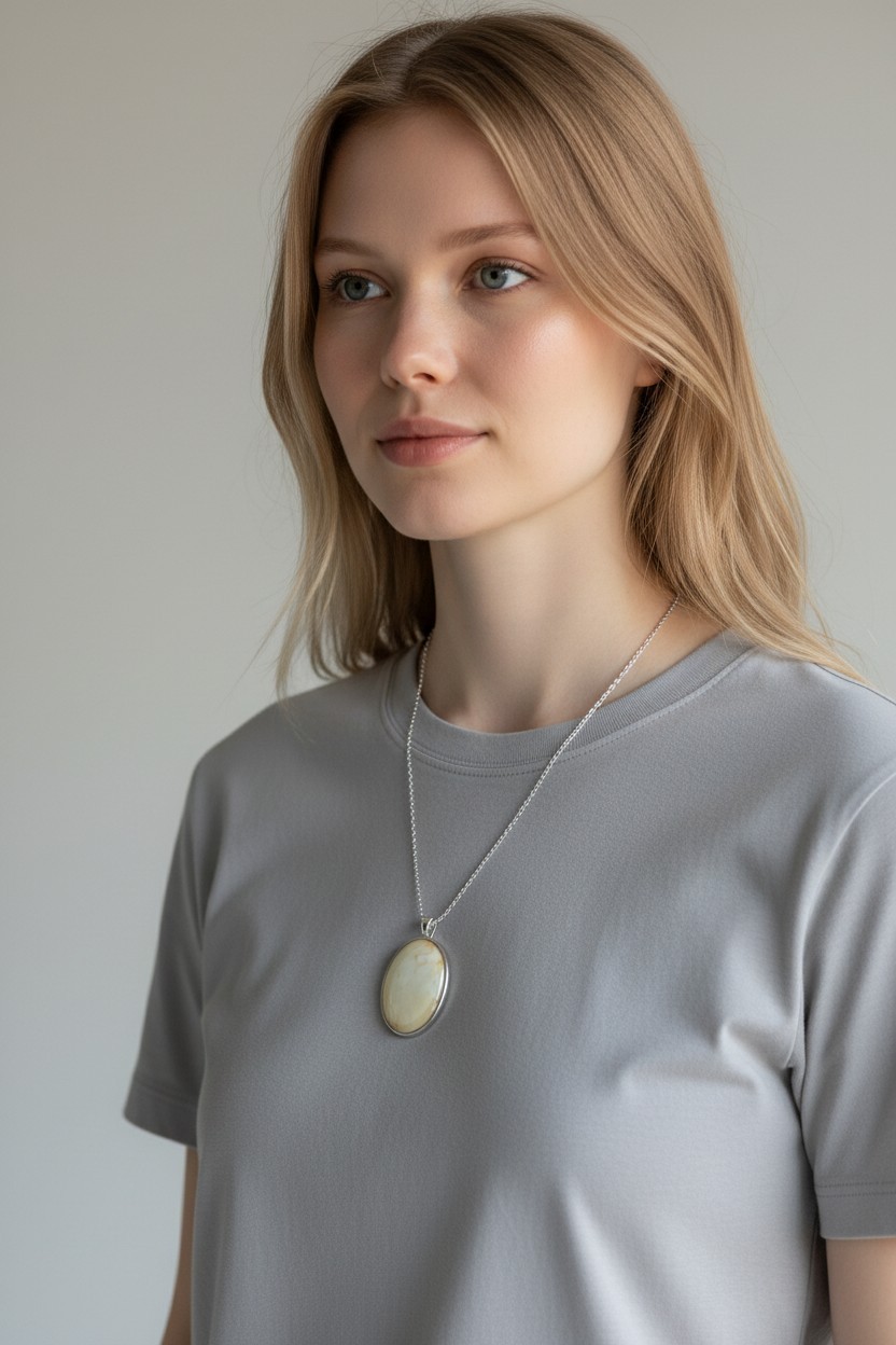 Collier grand modèle Ovale argenté artistique Perle Ocre – Bijou unique – Image 2